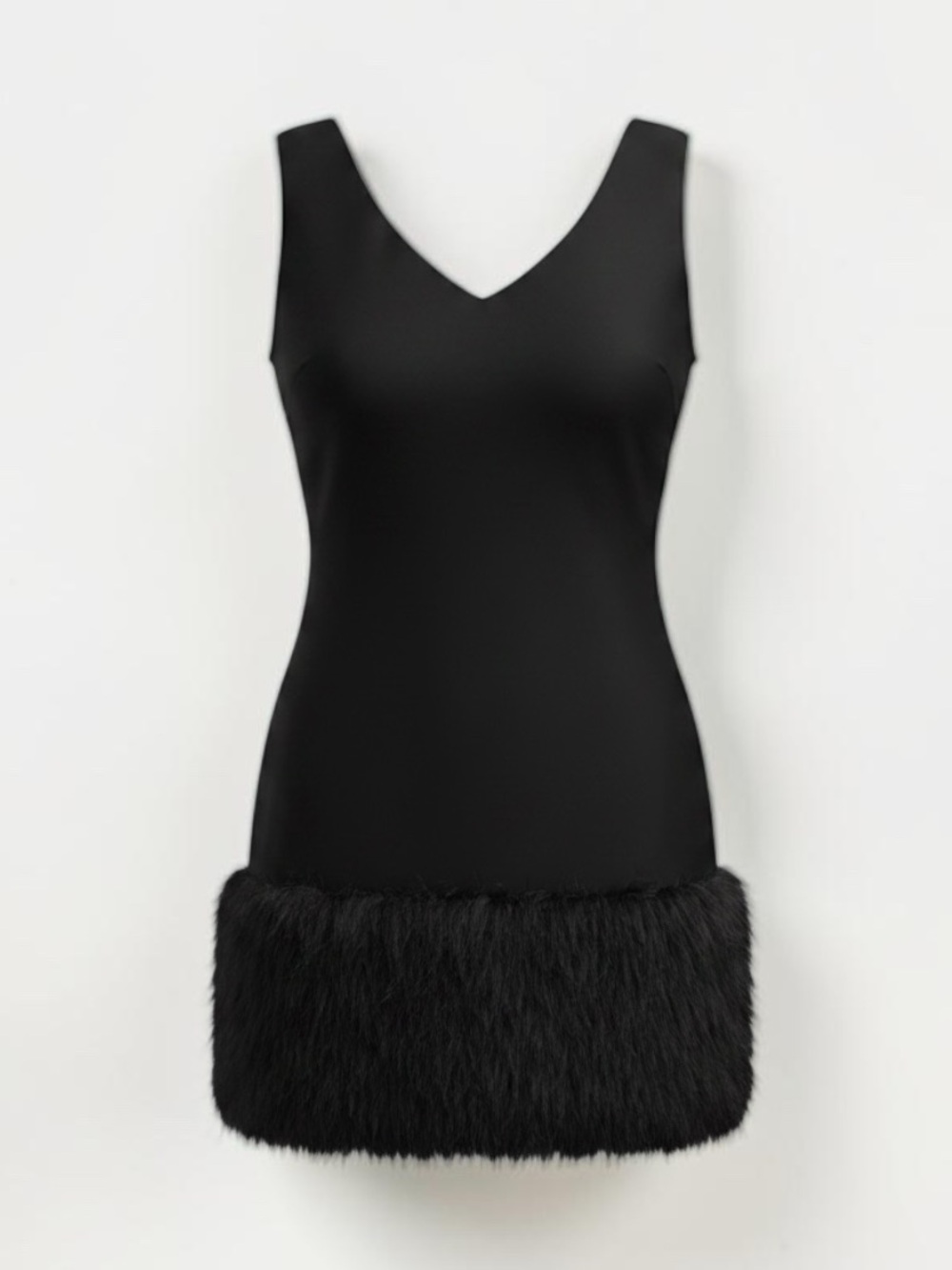 Soloiste Black Sleeveless Mini Dress Faux Fur Hem - Size S